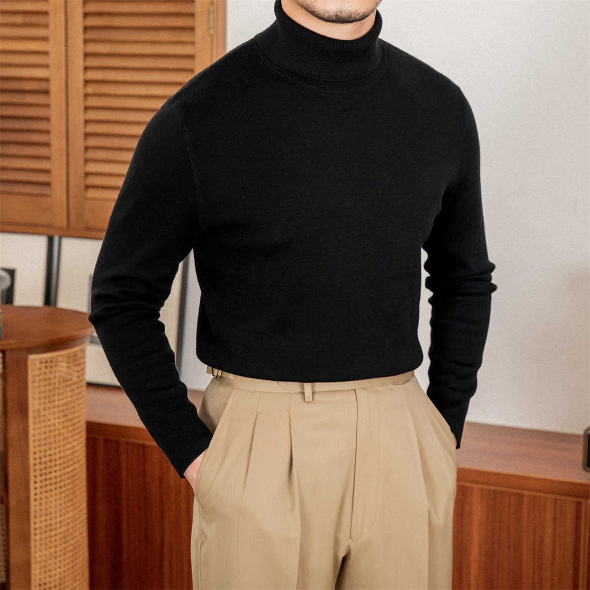 Wool blend turtleneck, Black, front