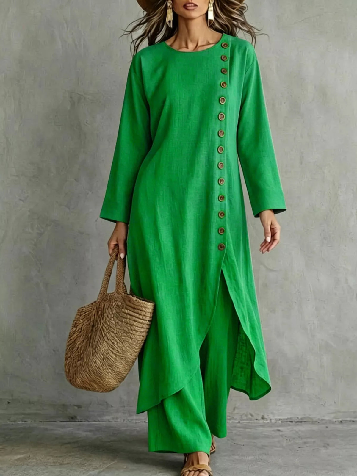 Side-buttoned longline top and pants set, Green