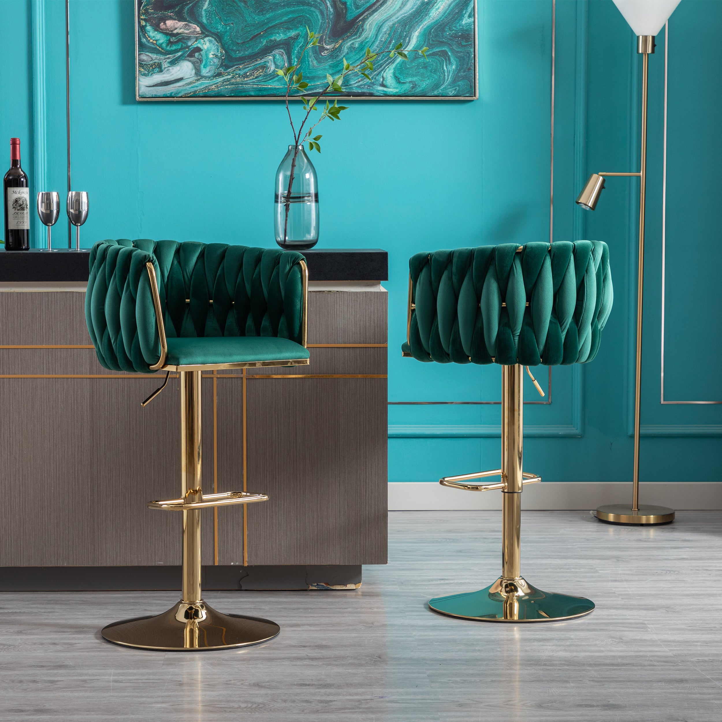 Set of 2 Bar Stools with Chrome Footrest and Base Swivel Height Velvet + Golden Leg Simple Bar Stool-Green