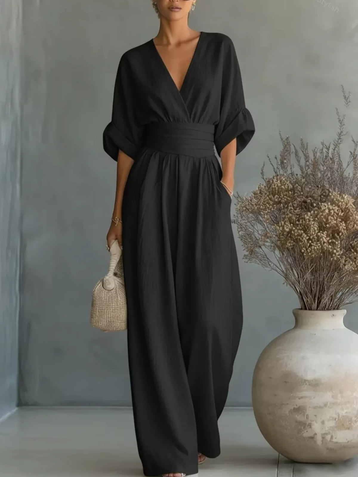 Half-sleeve wide-leg jumpsuit – black