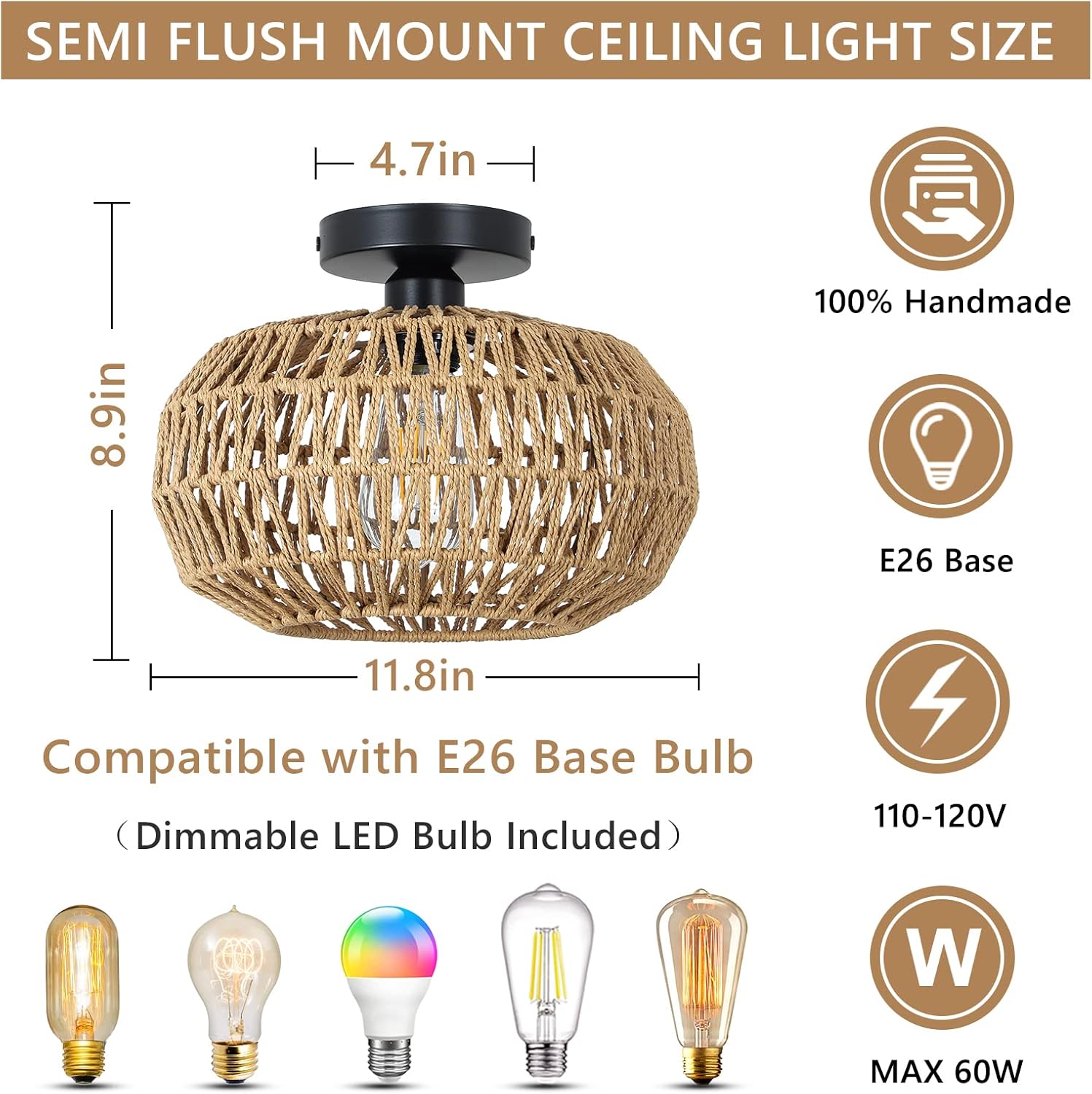 Rattan Light Fixtures Ceiling Mount,Boho Ceiling Light Fixture with Dimmable LED Bulb Mini Hand Woven Rattan