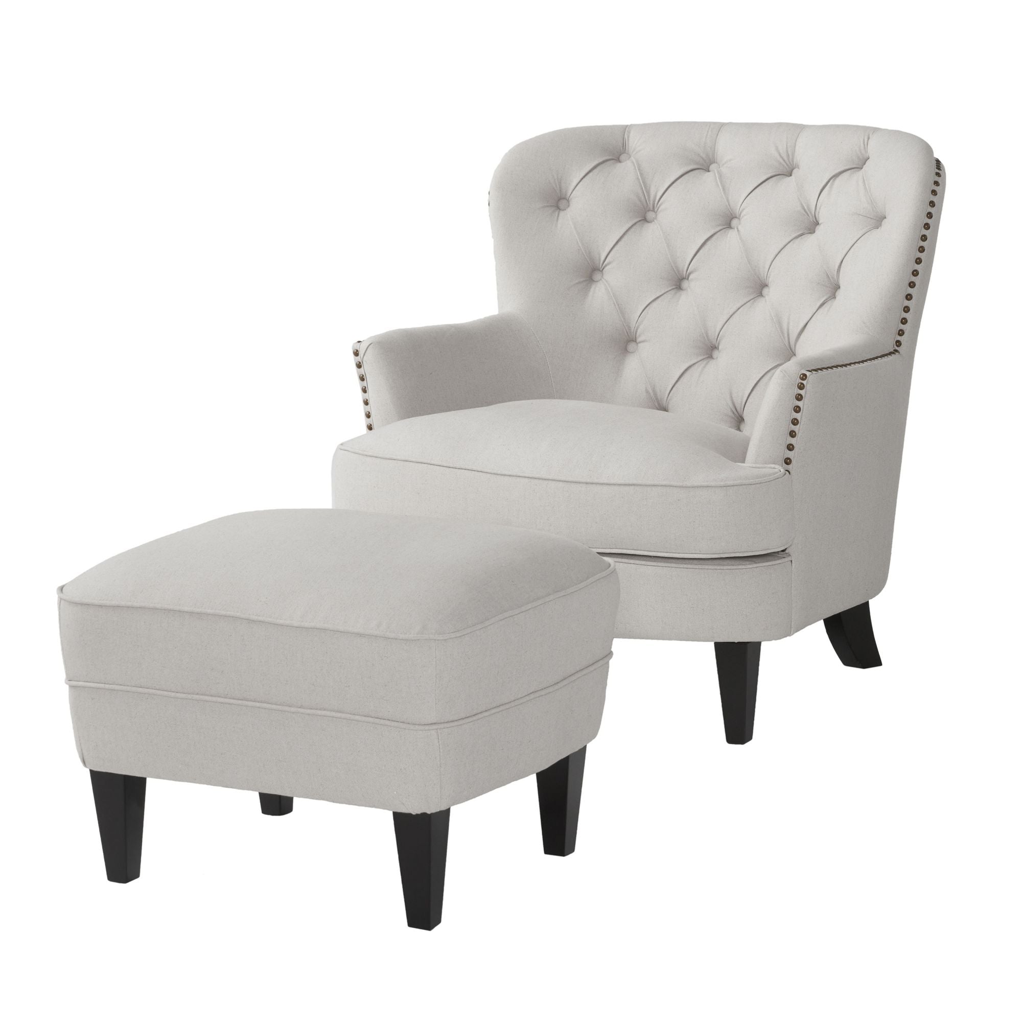 Modern light grey fabric club chair and Ottoman set, stylish cushioned armchair, paired with Ottoman style