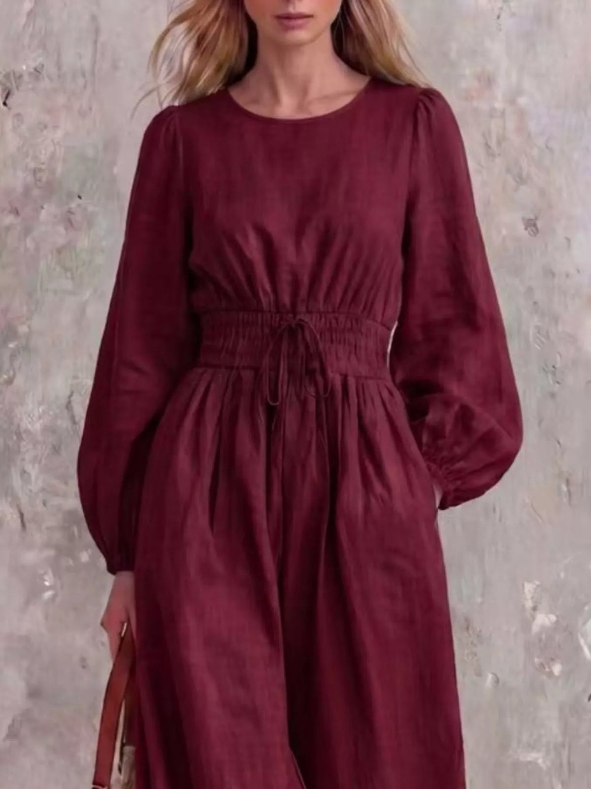 Smocked-waist long-sleeve jumpsuit