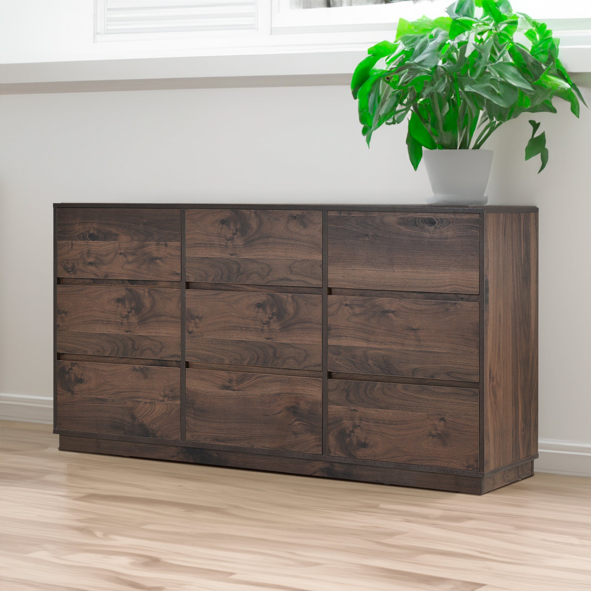 Mid-Century Modern 9 Drawers Dresser,Dark Brown