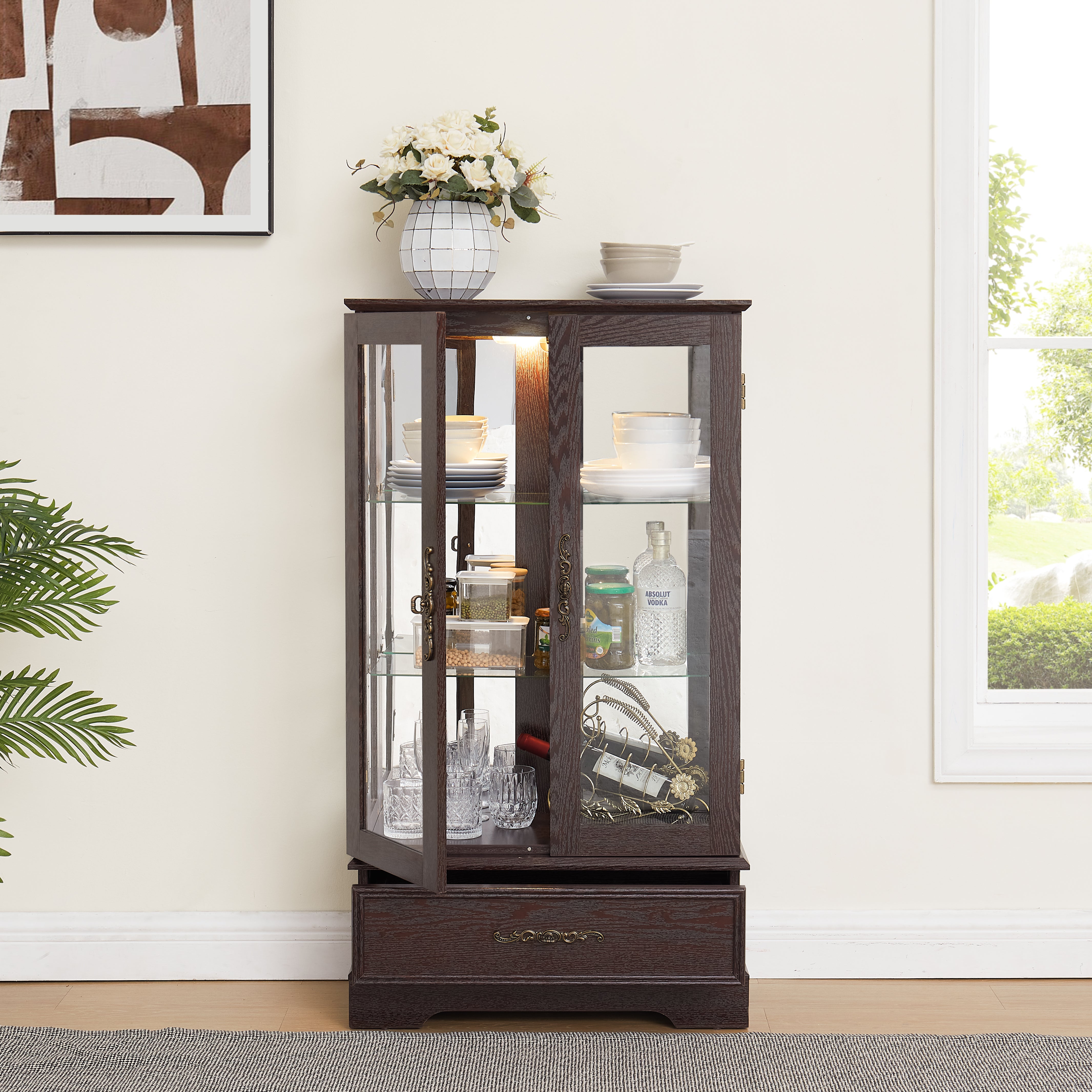 Light colored glass cabinet with adjustable glass frame Curio display cabinet, 2 doors and 1 drawer light bulb cherry color