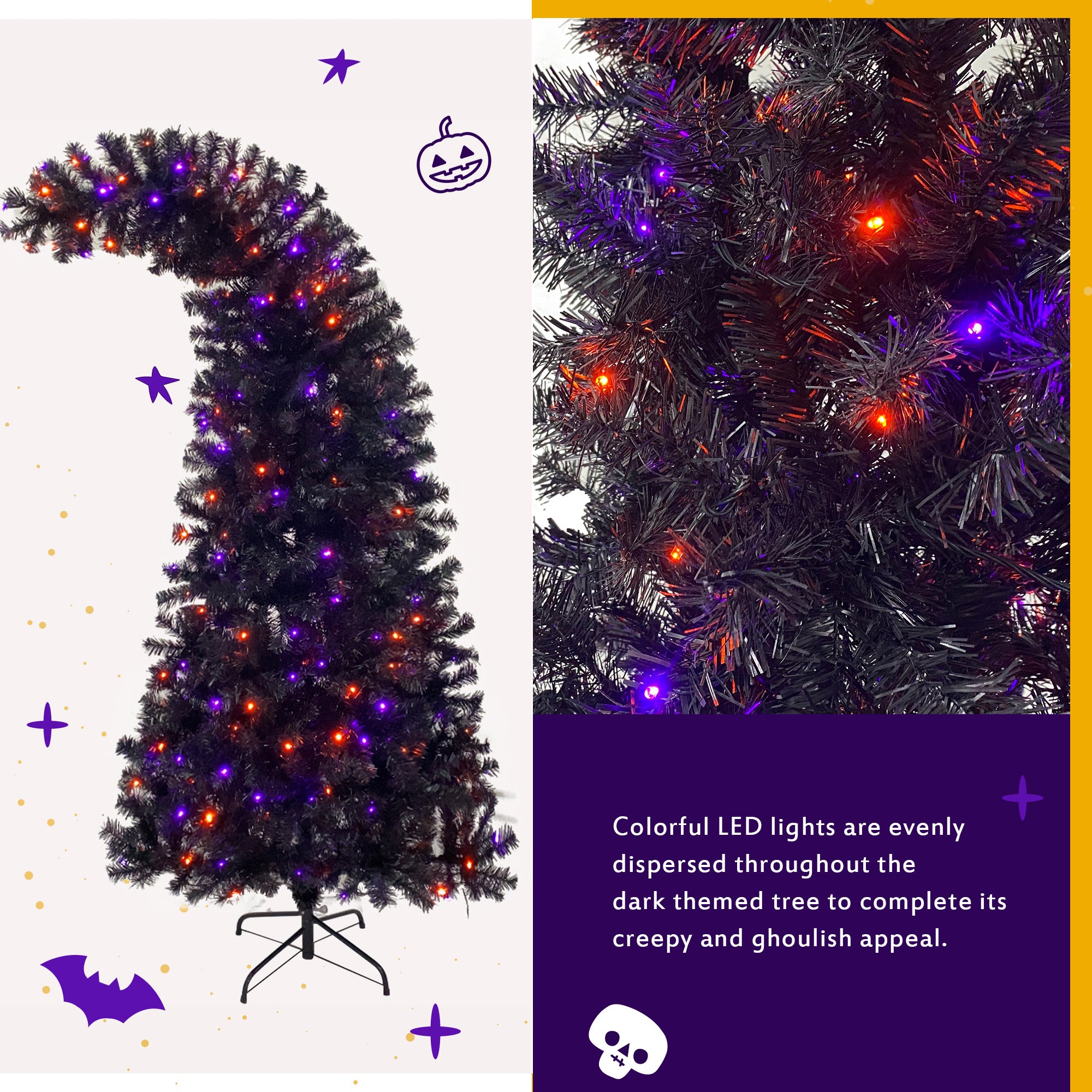 6FT artificial fir curved top Halloween tree, with 1080 lush branch tips and 300 LED lights in a Christmas and Halloween style