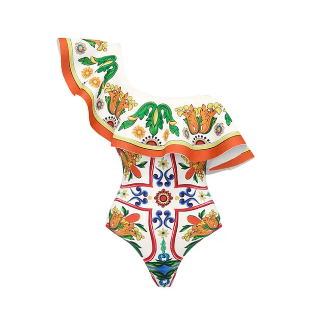 New Women's Lotus Edge Enamel Print Beach Vacation One Piece Swimwear Set