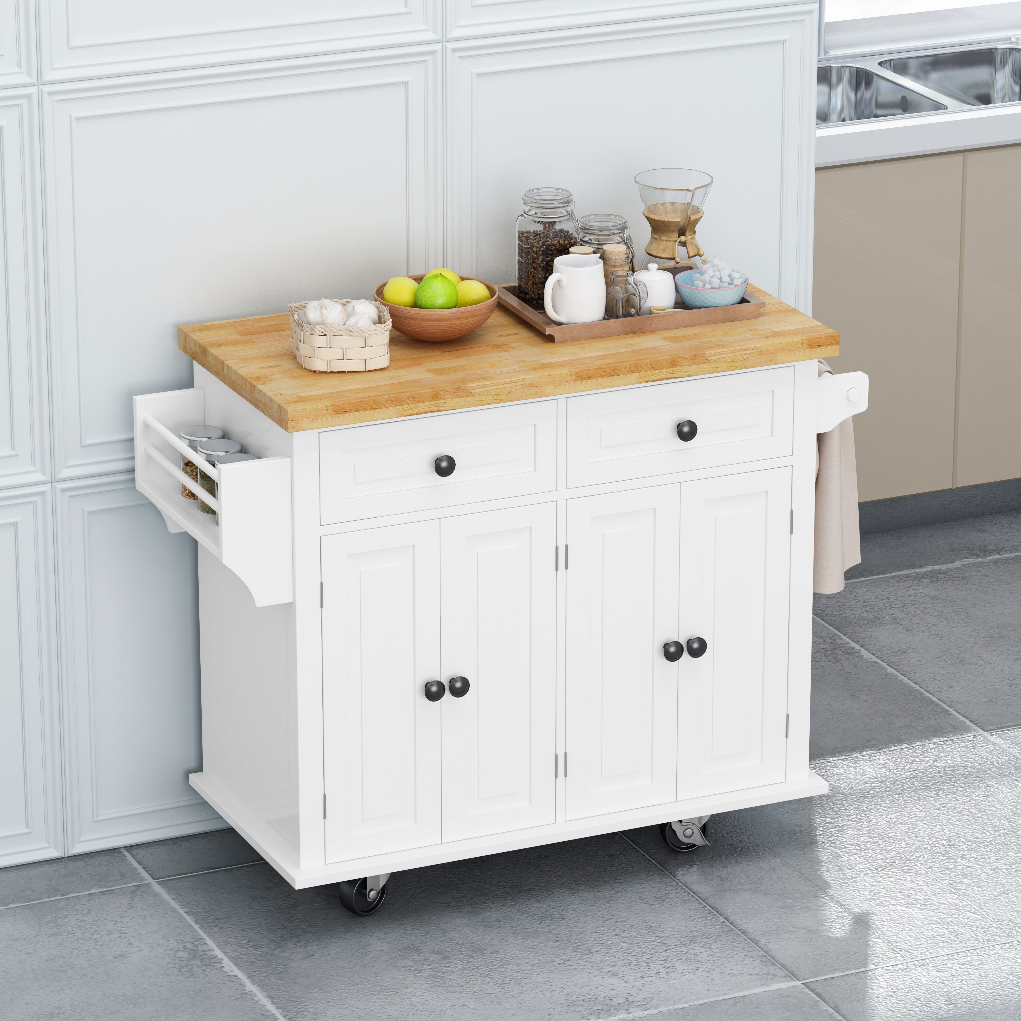 Kitchen Island Cart with Two Storage Cabinets and Two Locking Wheels 43.31 Inch Width 4 Door Cabinet and Two Drawers Spice Rack