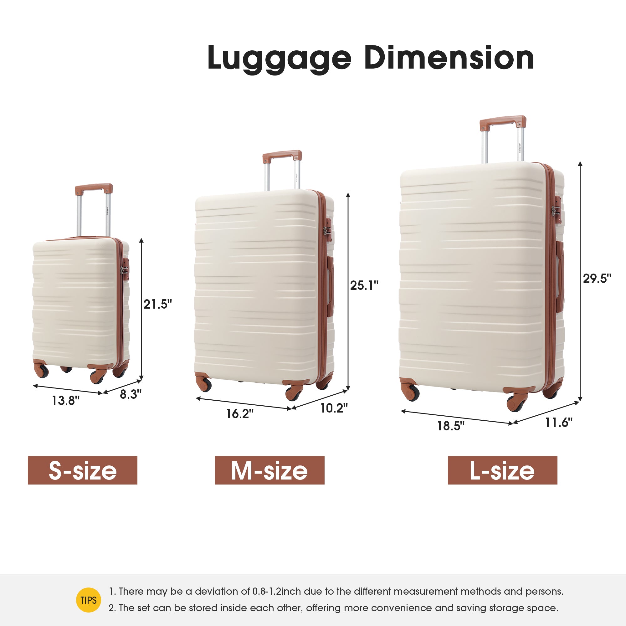 Hardshell Luggage Sets 3 Pcs Spinner Suitcase with TSA Lock Lightweight 20''24''28''  Brown+White + ABS