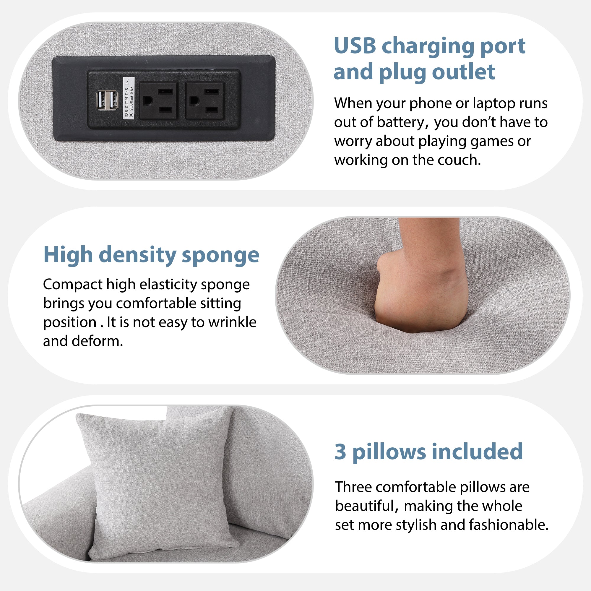 87.4"Sectional Sleeper Sofa with USB Charging Port and Plug Outlet Pull-Out Sofa Bed with 3 Pillows Grey