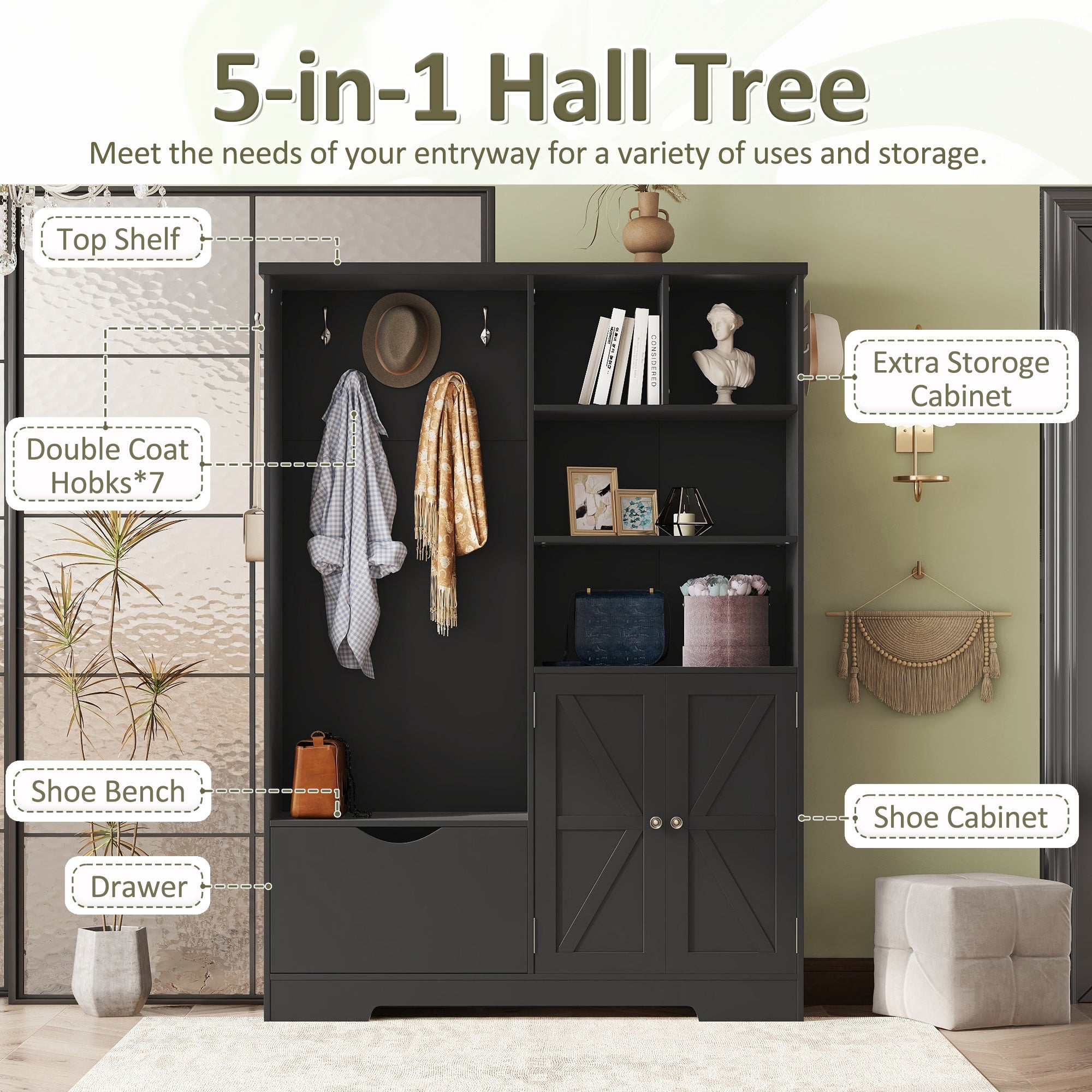 Multi-functional Hall Tree with Storage Shelves Drawers and Cabinet, Elegant Hallway Shoe Cabinet with Bench Modern Black