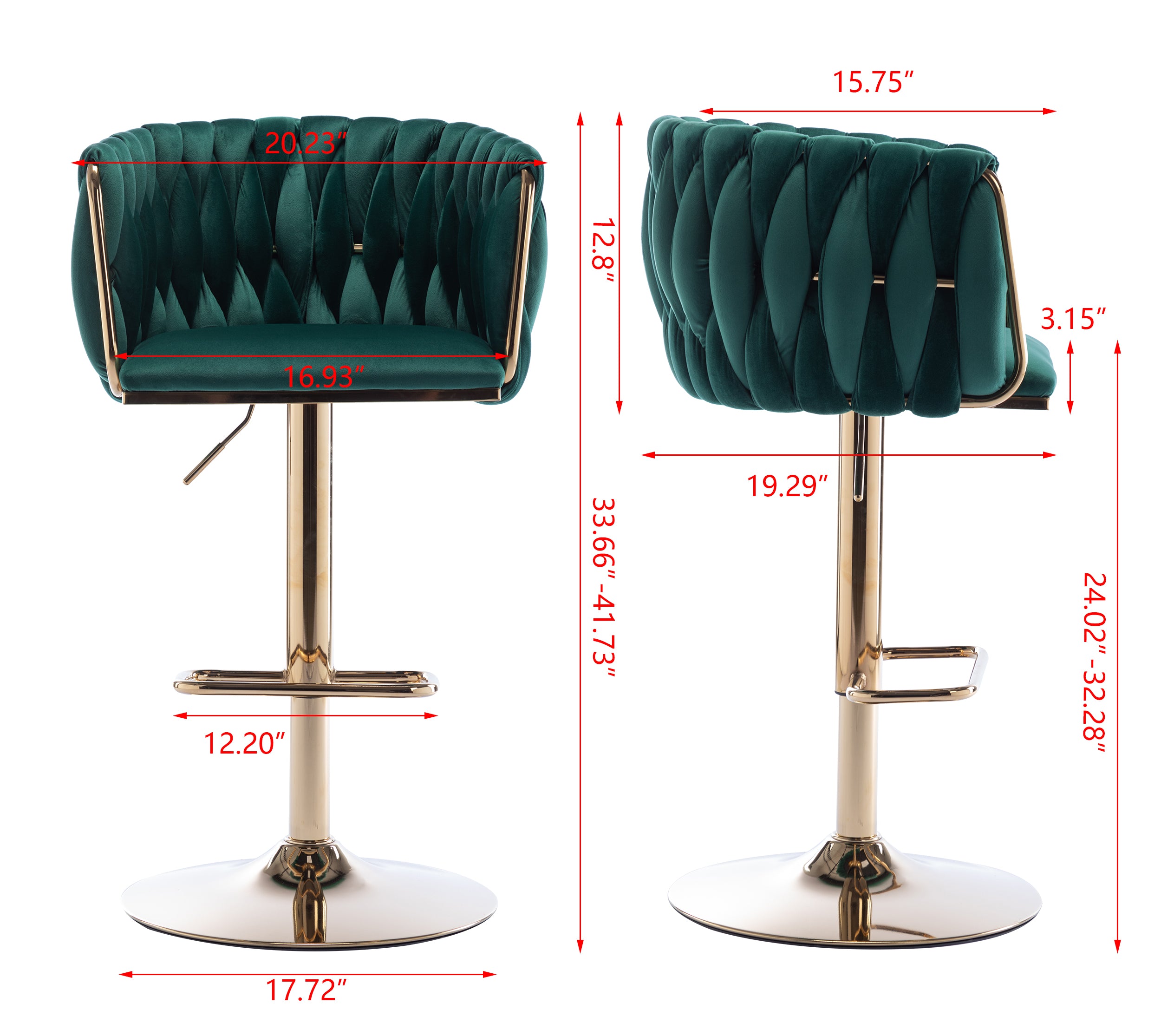 Set of 2 Bar Stools with Chrome Footrest and Base Swivel Height Velvet + Golden Leg Simple Bar Stool-Green