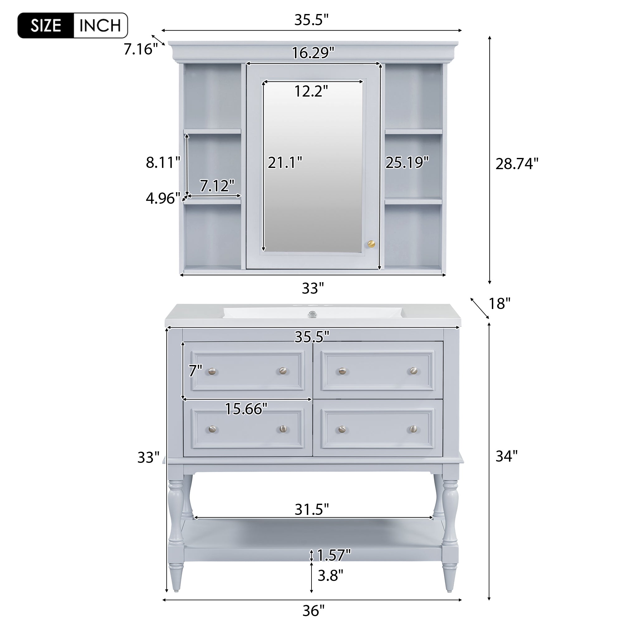 36'' Bathroom Vanity with Medicine Cabinet, Modern Mirror Cabinet with Adjustable Shelf, Bathroom Storage Cabinet with 4 Drawers