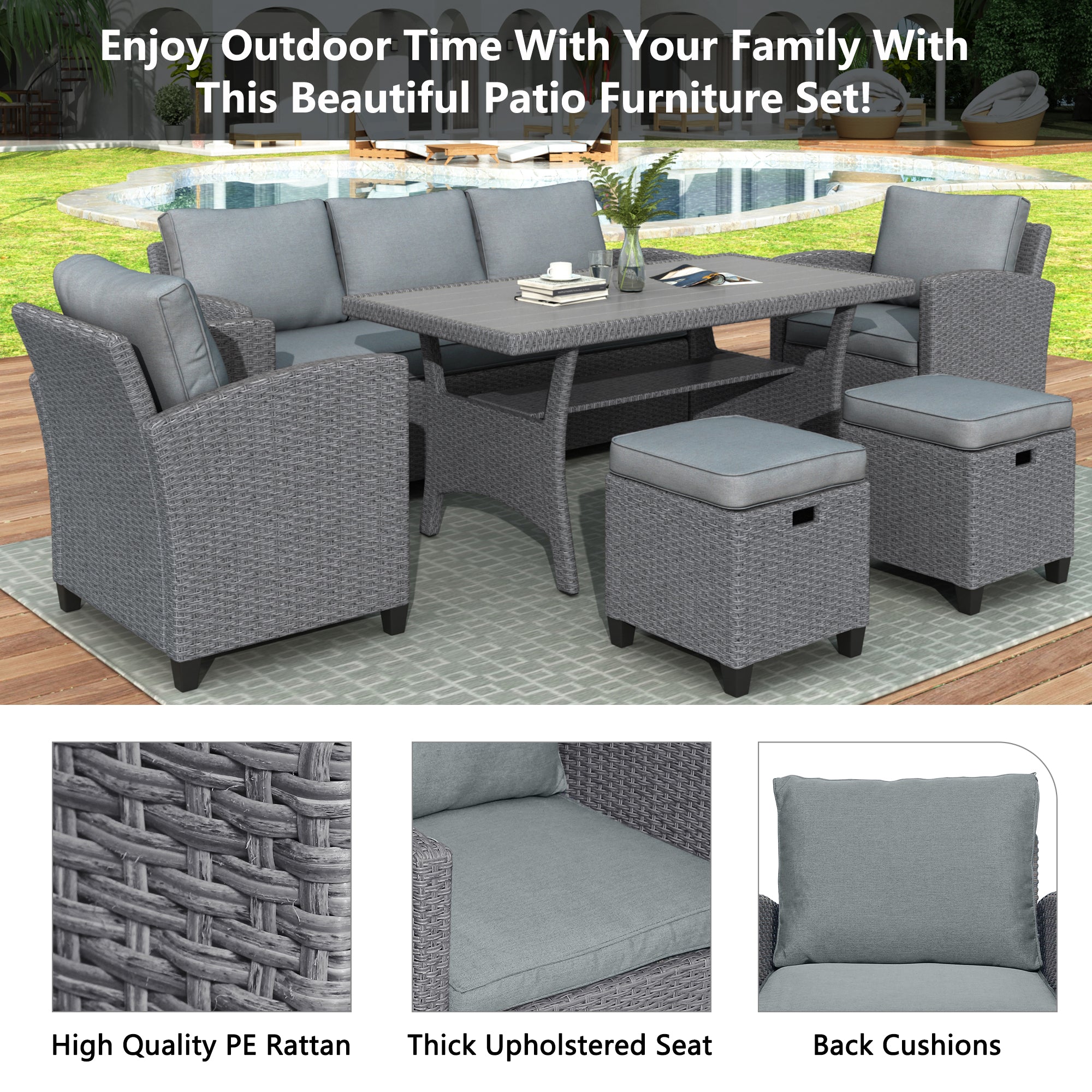 TOPMAX 6-piece outdoor rattan wicker set chair, stool, and table (gray rattan+gray mat)