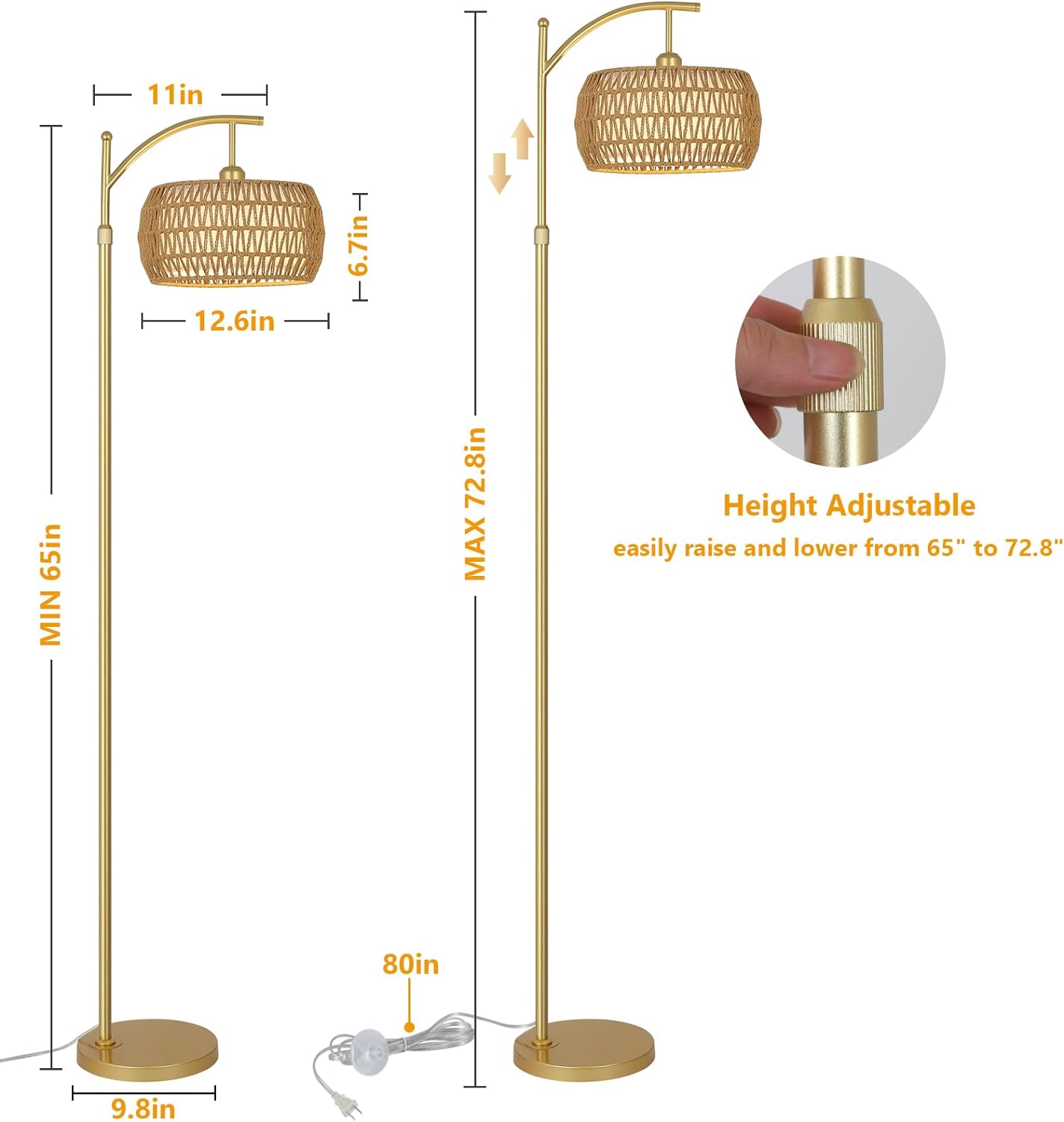 Arc Floor Lamp with 3 Color Temperatures, LED Gold Floor Lamp with Remote & Stepless Dimmable Bulb, Boho Standing Lamp