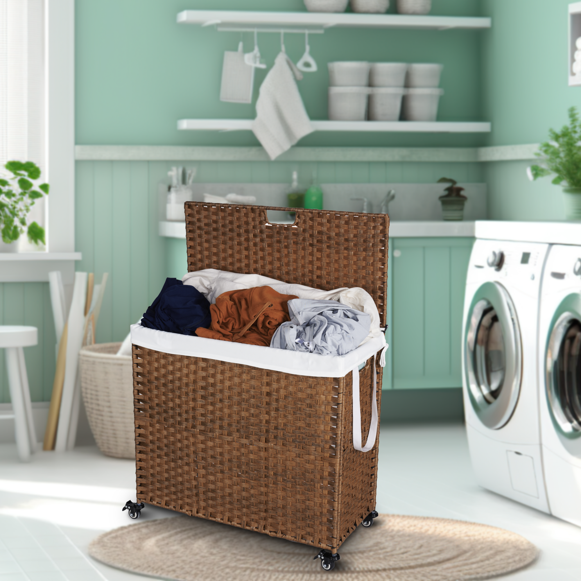 Laundry Hamper With Lid PE Rattan Powder Coating Frame Clothes Hampers with 02 Removable Bags, Wheels, 160L, Brown Color