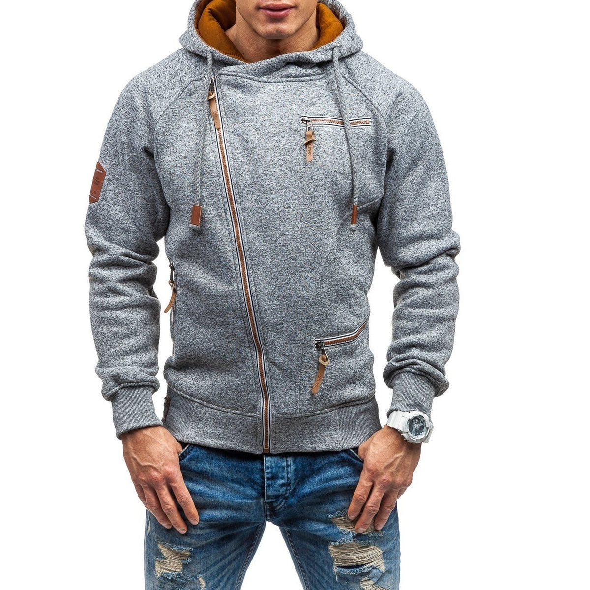 Side-zip gauze hoodie – light grey