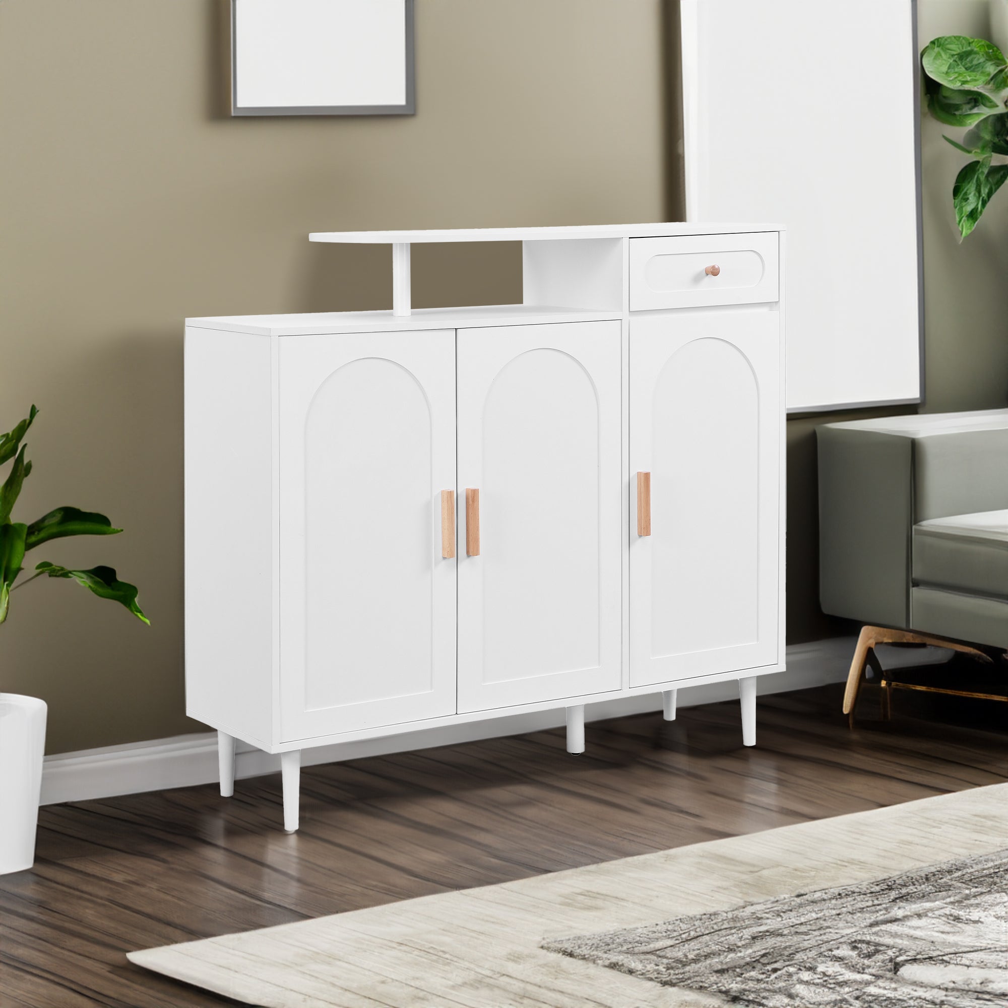 ON-TRANS Elegant Shoe Cabinet with Arched Doors and Drawers, Storage Side Panels, Adjustable Shelves and Solid Wood Legs, White