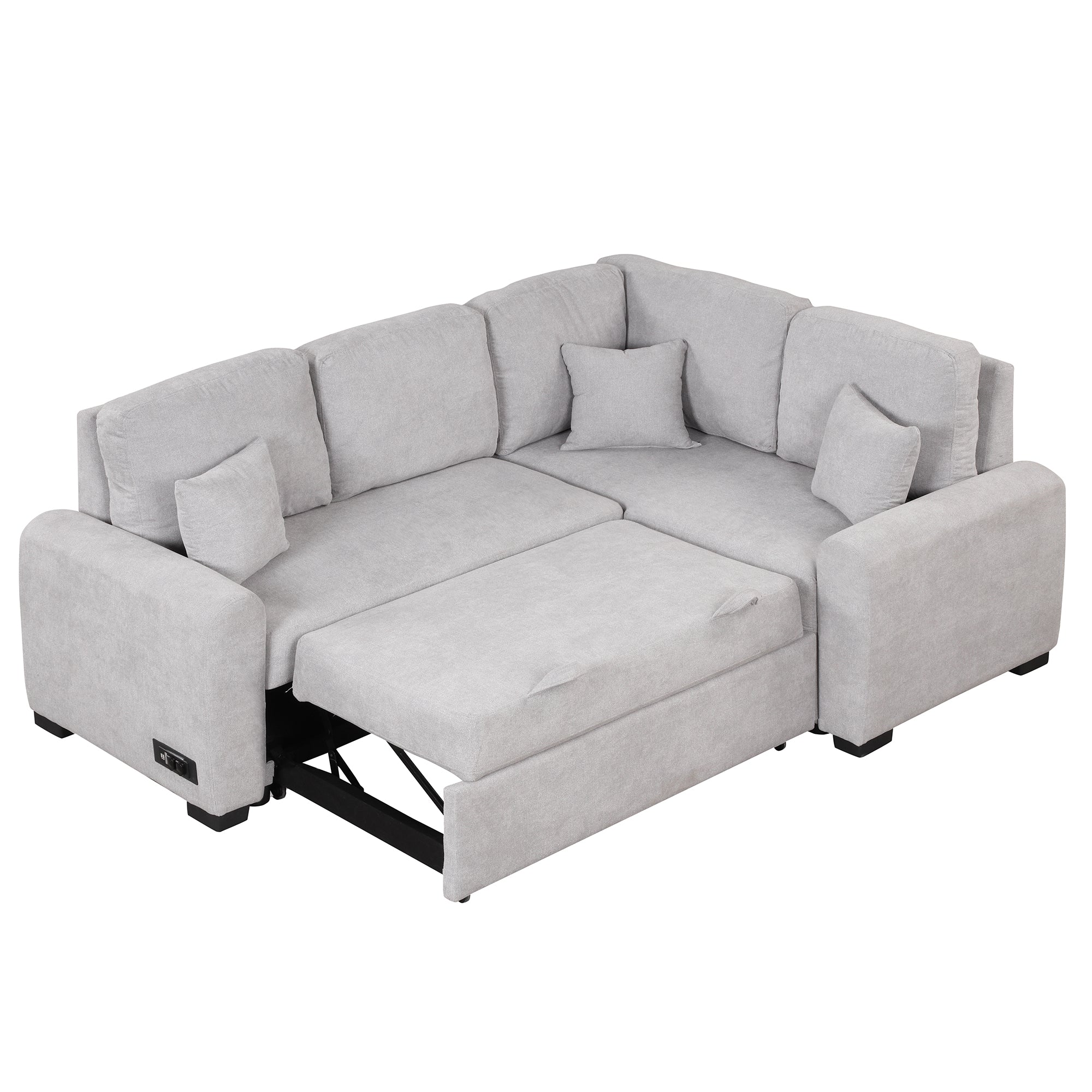 87.4"Sectional Sleeper Sofa with USB Charging Port and Plug Outlet Pull-Out Sofa Bed with 3 Pillows Grey