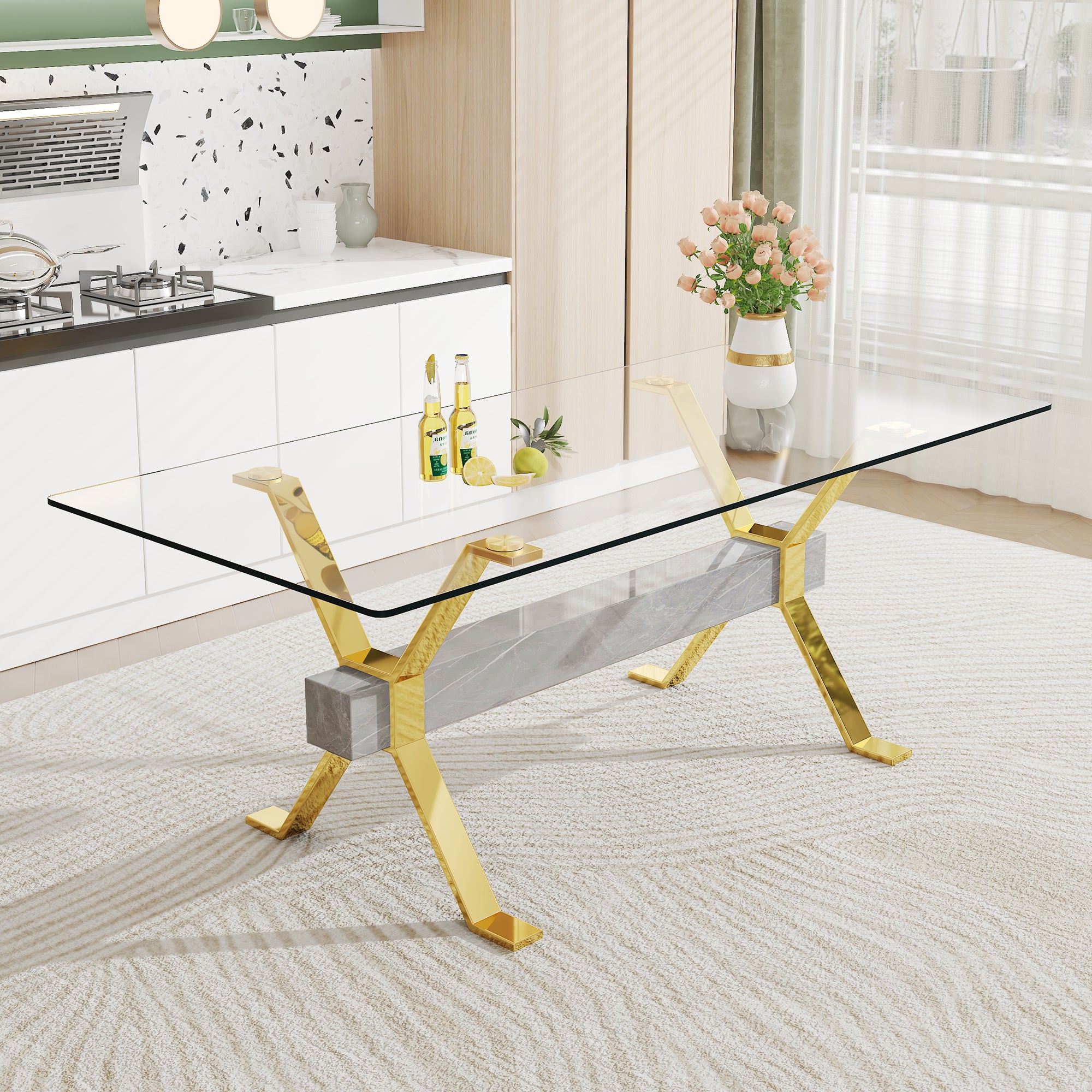 Dining table Modern tempered glass dining table Large modern office desk with gold plated metal legs and MDF crossbars