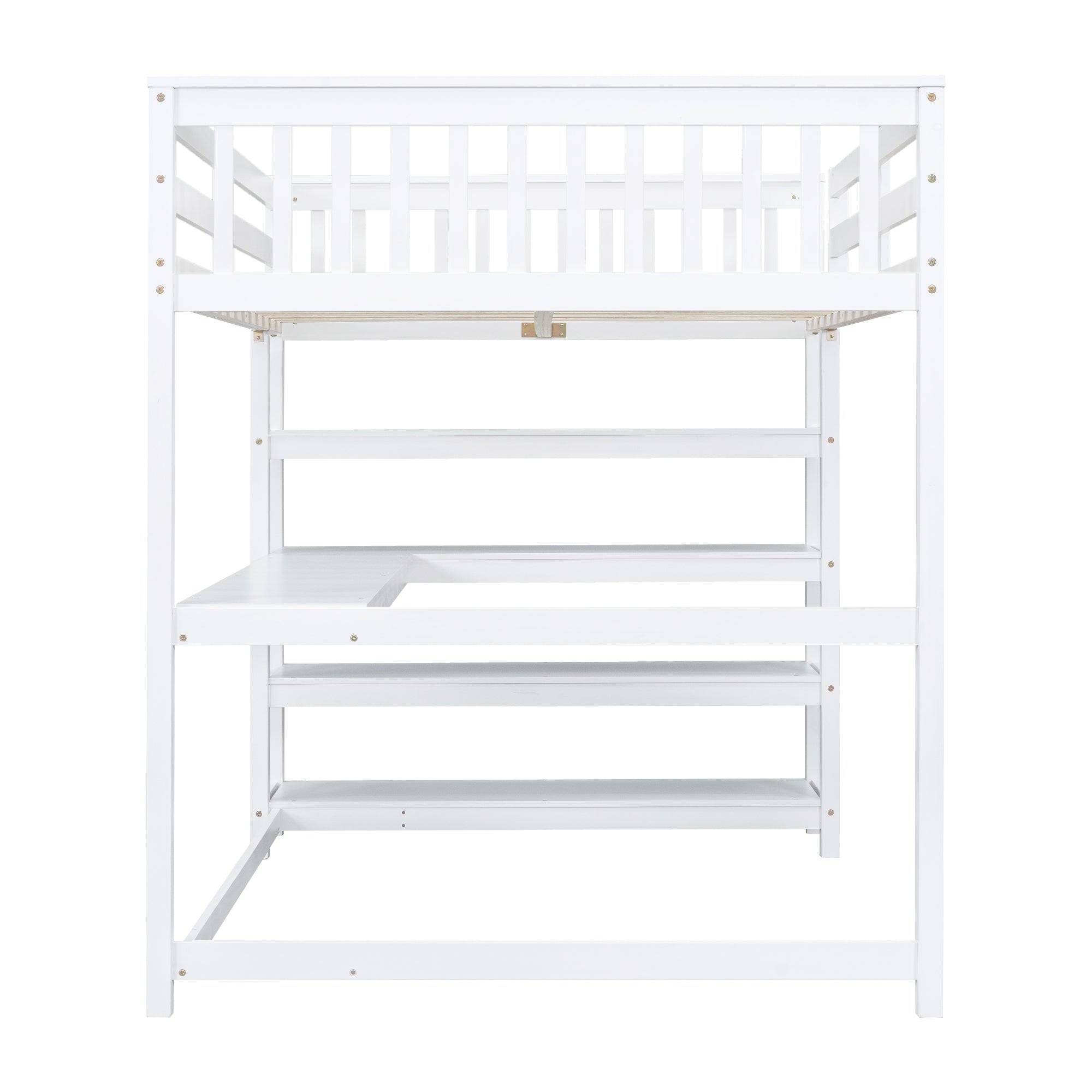 Full Size Loft Bed with Storage Shelves and Under-bed Desk  White