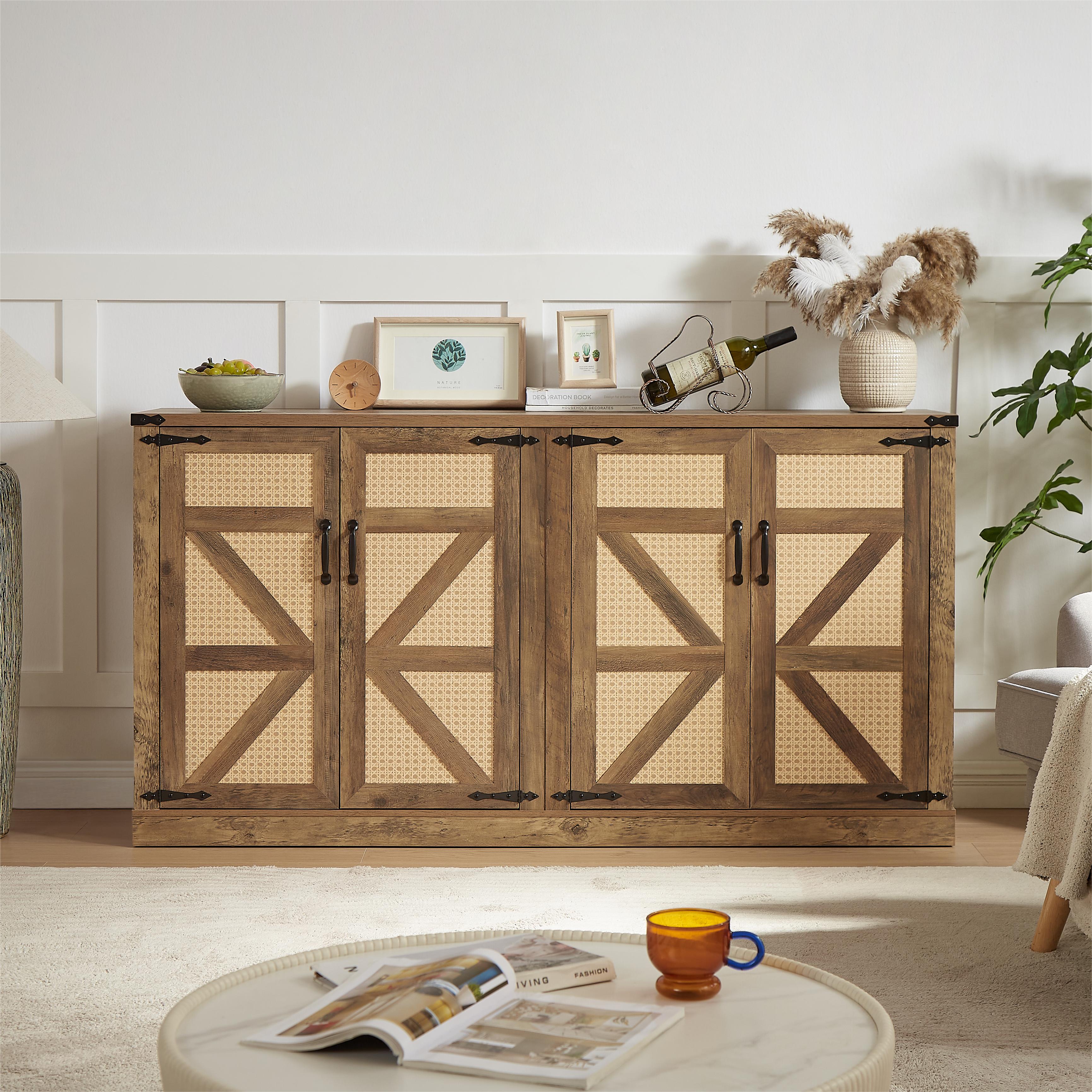 65-Inch Rustic Oak Color Faux Rattan Sideboard, Barn Door Rustic Style Sideboard, Living Room, Entryway, Bedroom