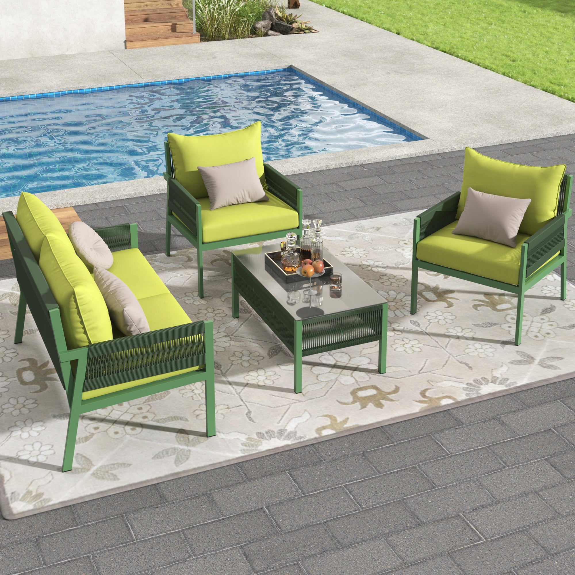 Outdoor Furniture with Tempered Glass Table,  Set Deep Seating with Thick Cushion  (Fluorescent Yellow & Green)