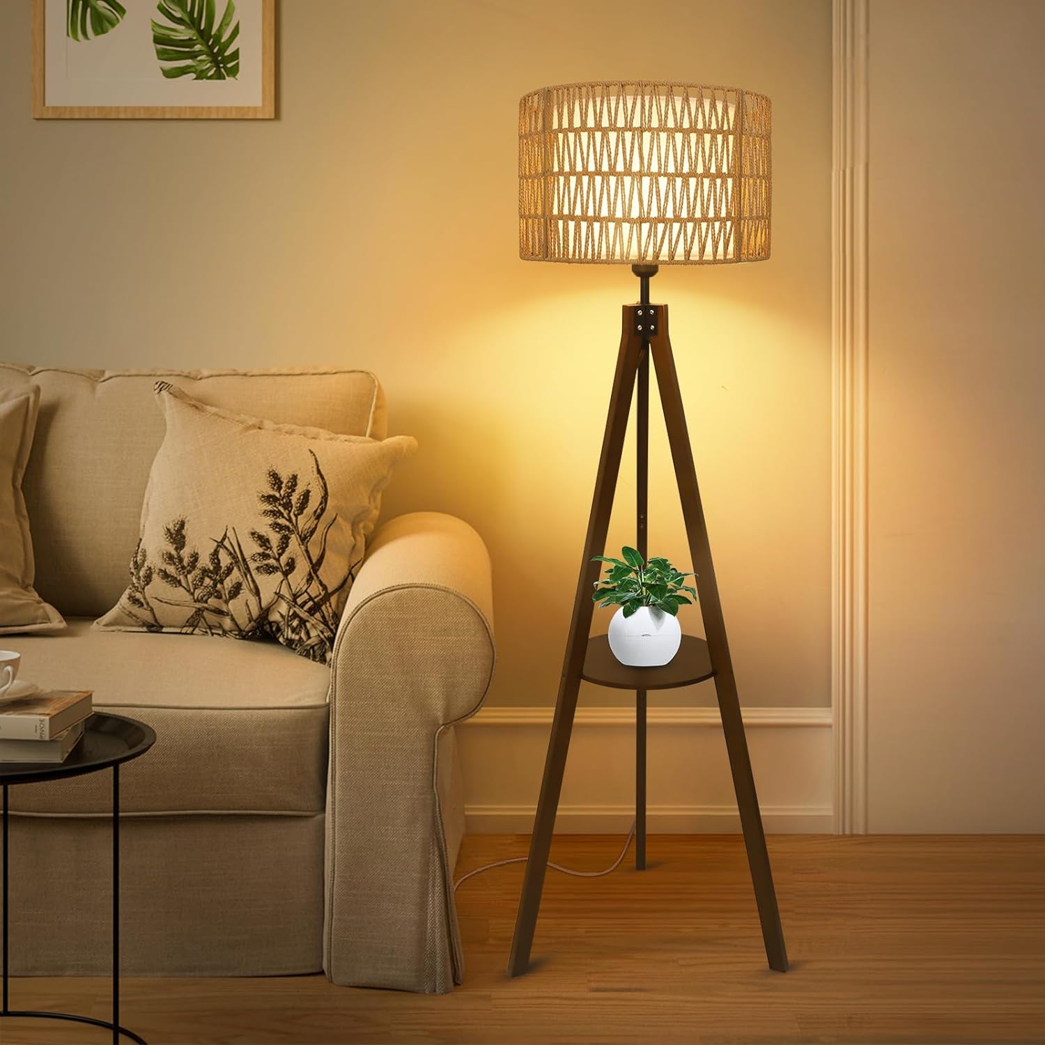 Boho Tripod Floor Lamp with Shelves, Mid Century Wood Standing Lamp with Rattan & Fabric Shades, ON/Off Foot Switch Office