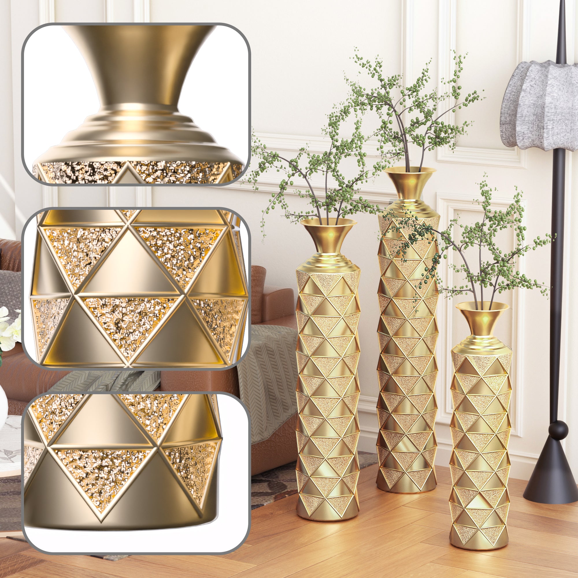 High pressure metal center vase with 3D triangular pattern, set of 3 vases, height 33.5 inches, 29.5 inches, 25.2 inches, gold