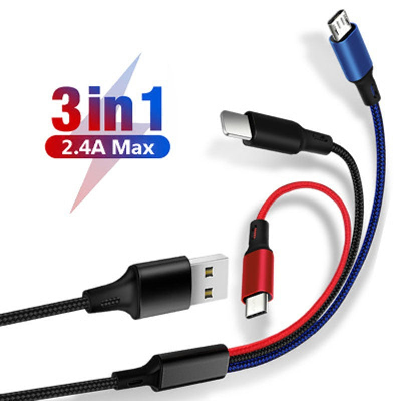 One to three data cable nylon braided three head fast charging mobile phone charging cable