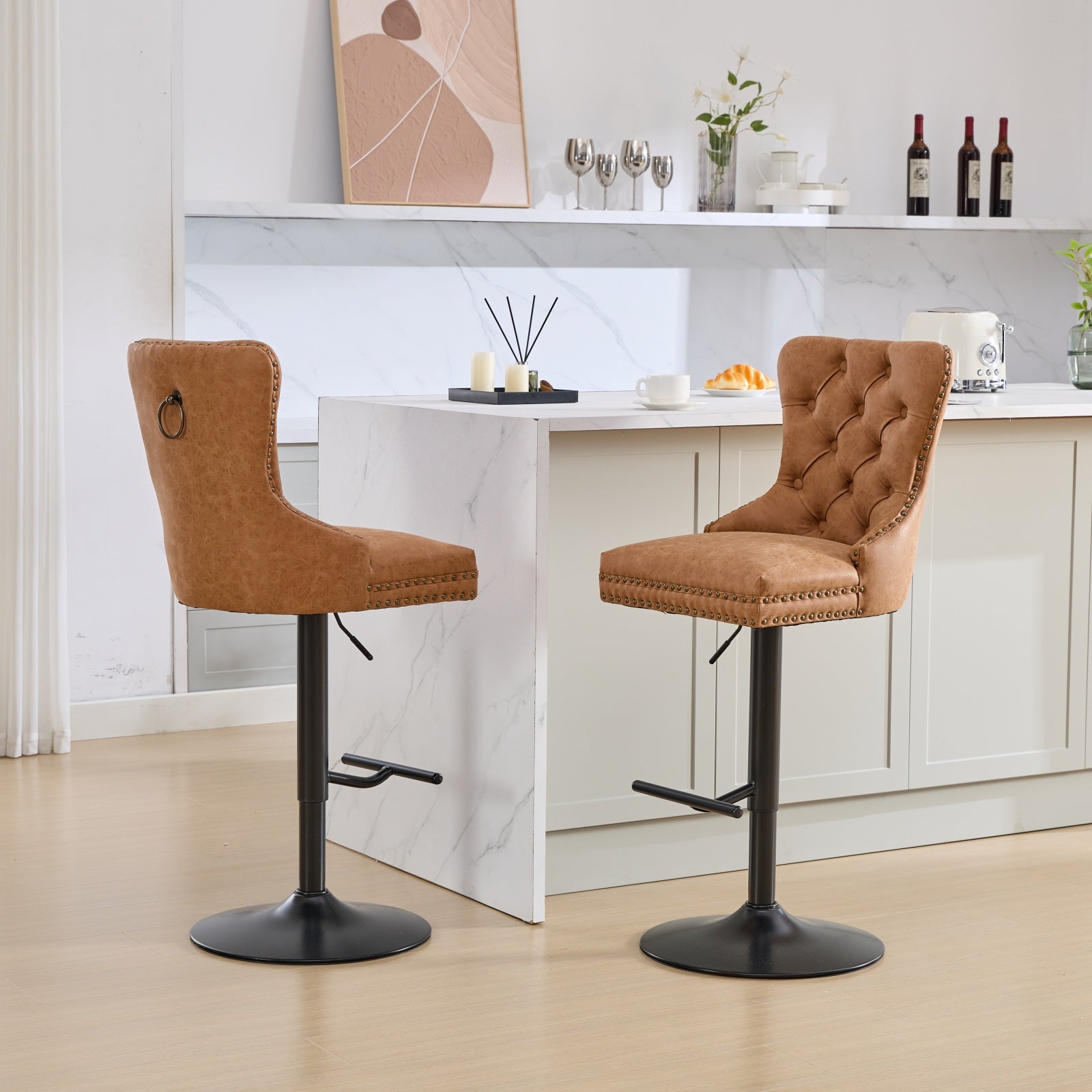 Vintage PU rotating bar stool, seat height adjustable from 25-33 inches, modern bar stool (orange, 2-piece set)