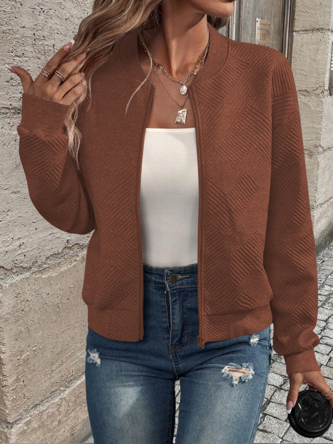 Textured zip up long sleeve jacket