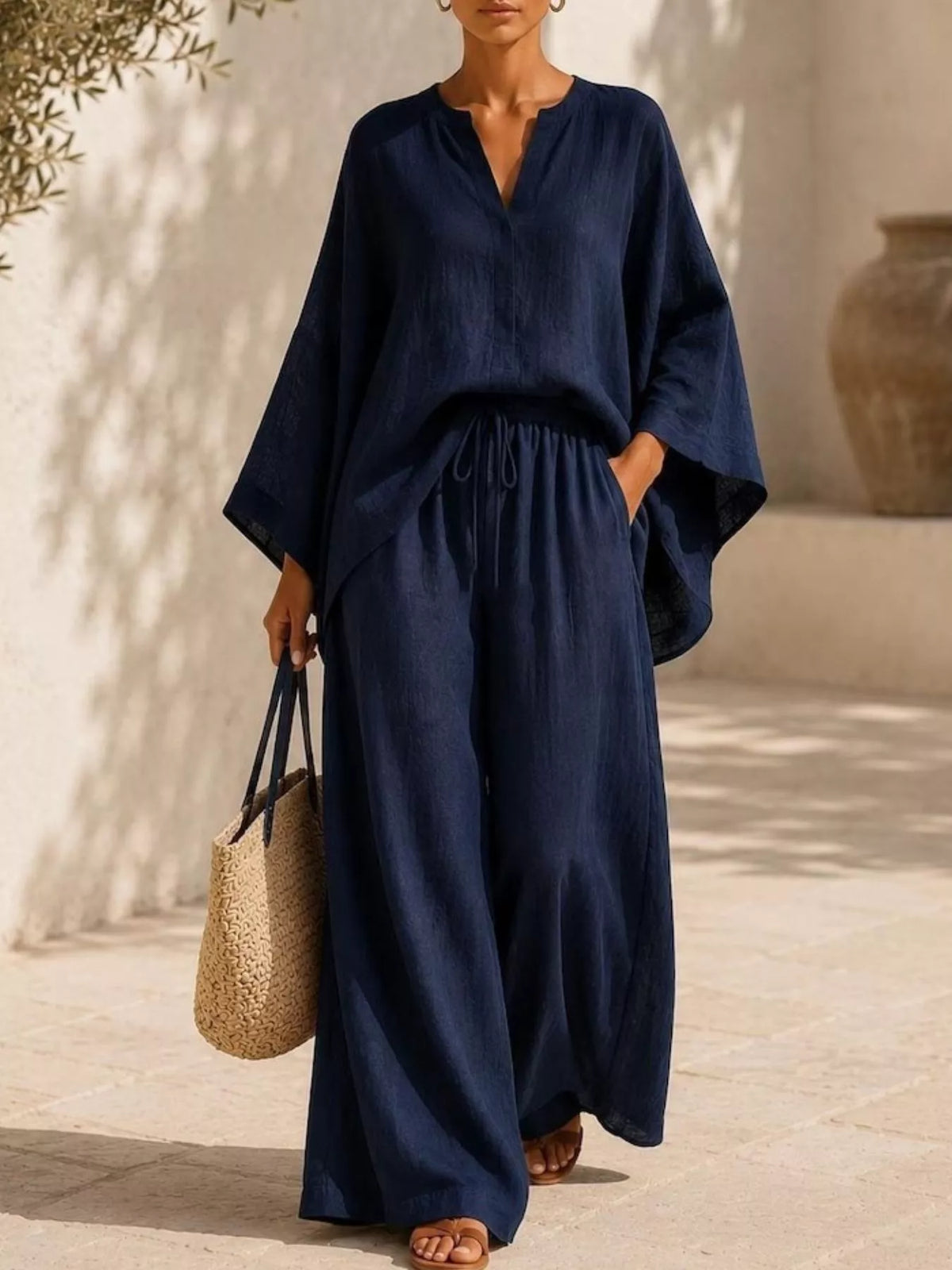 Notched long sleeve top and wide-leg pants set, Dark Blue
