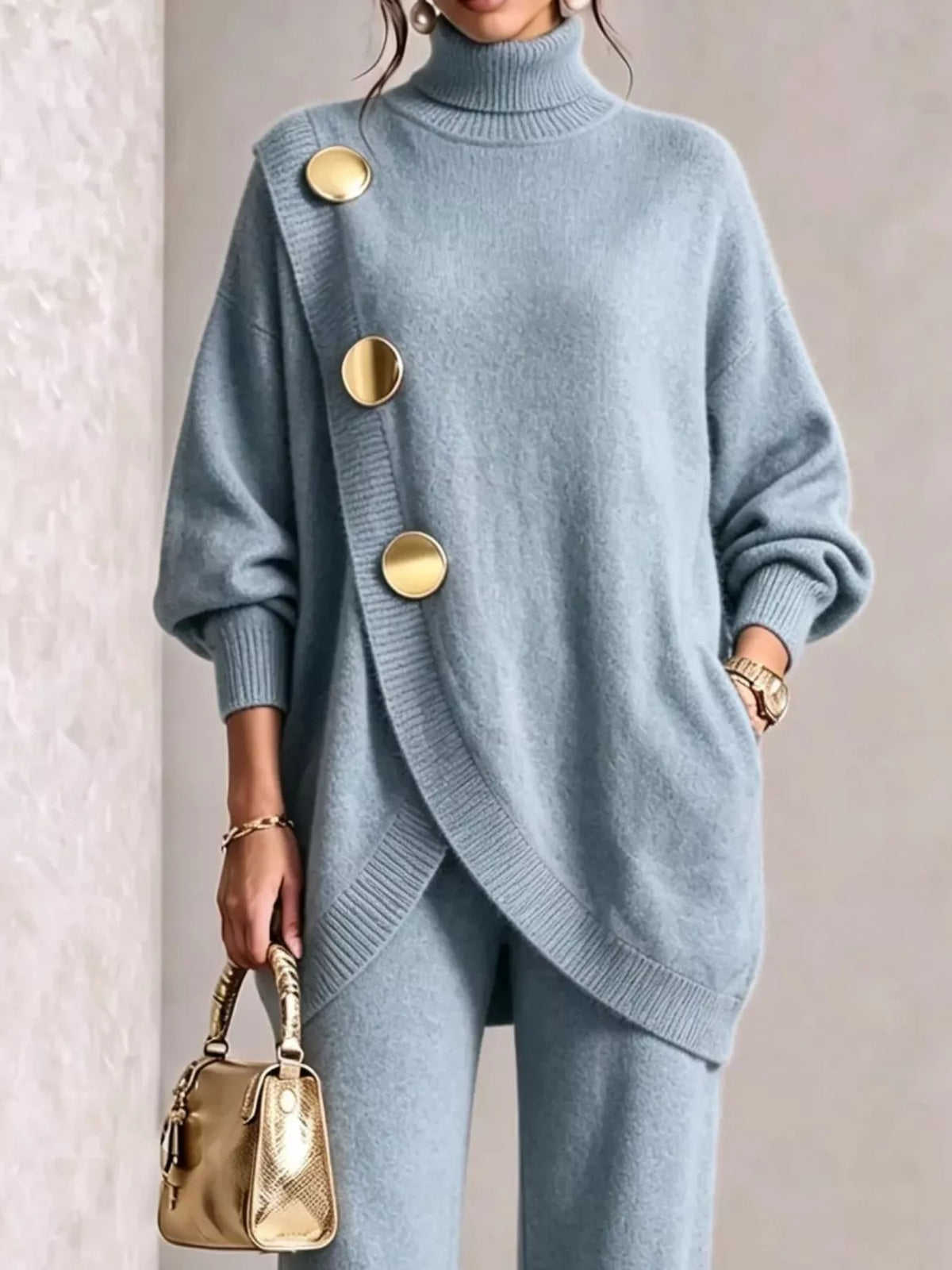 Gold button accent turtleneck sweater and pants set