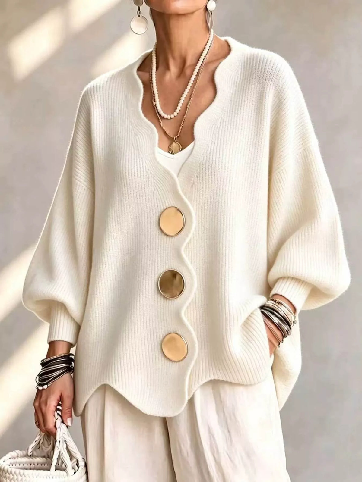 Scalloped-edge oversized button-down cardigan, Beige