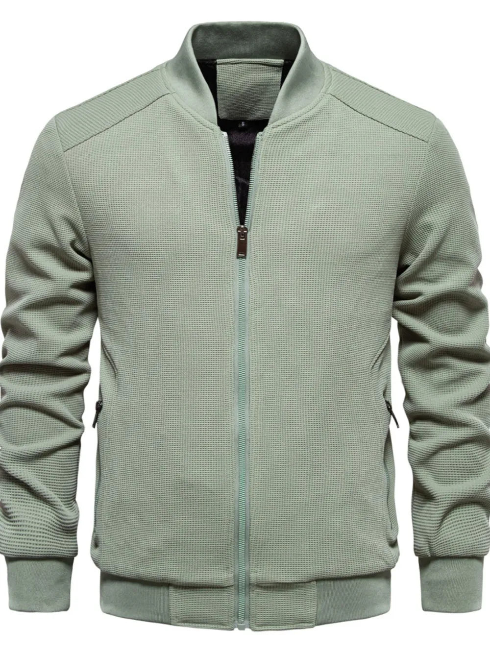 Waffle knit baseball collar zip up jacket, Sage