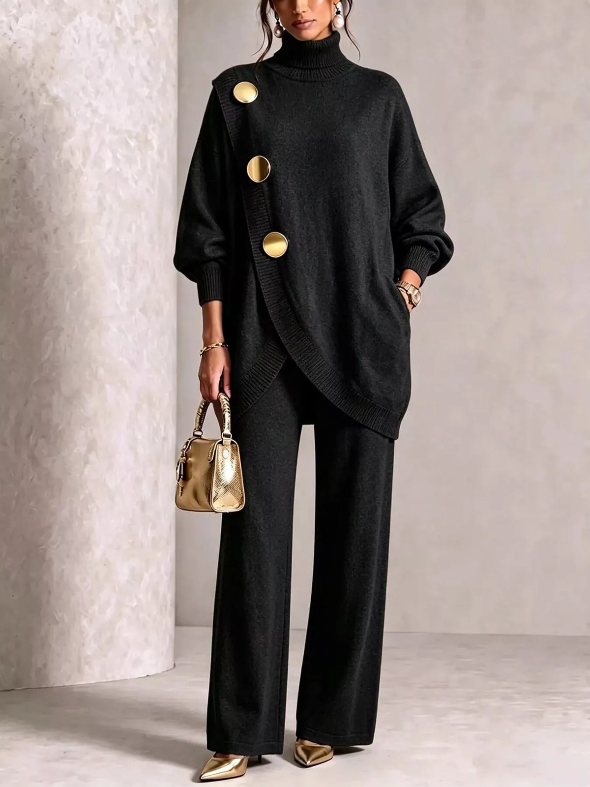 Gold button accent turtleneck sweater and pants set, Black