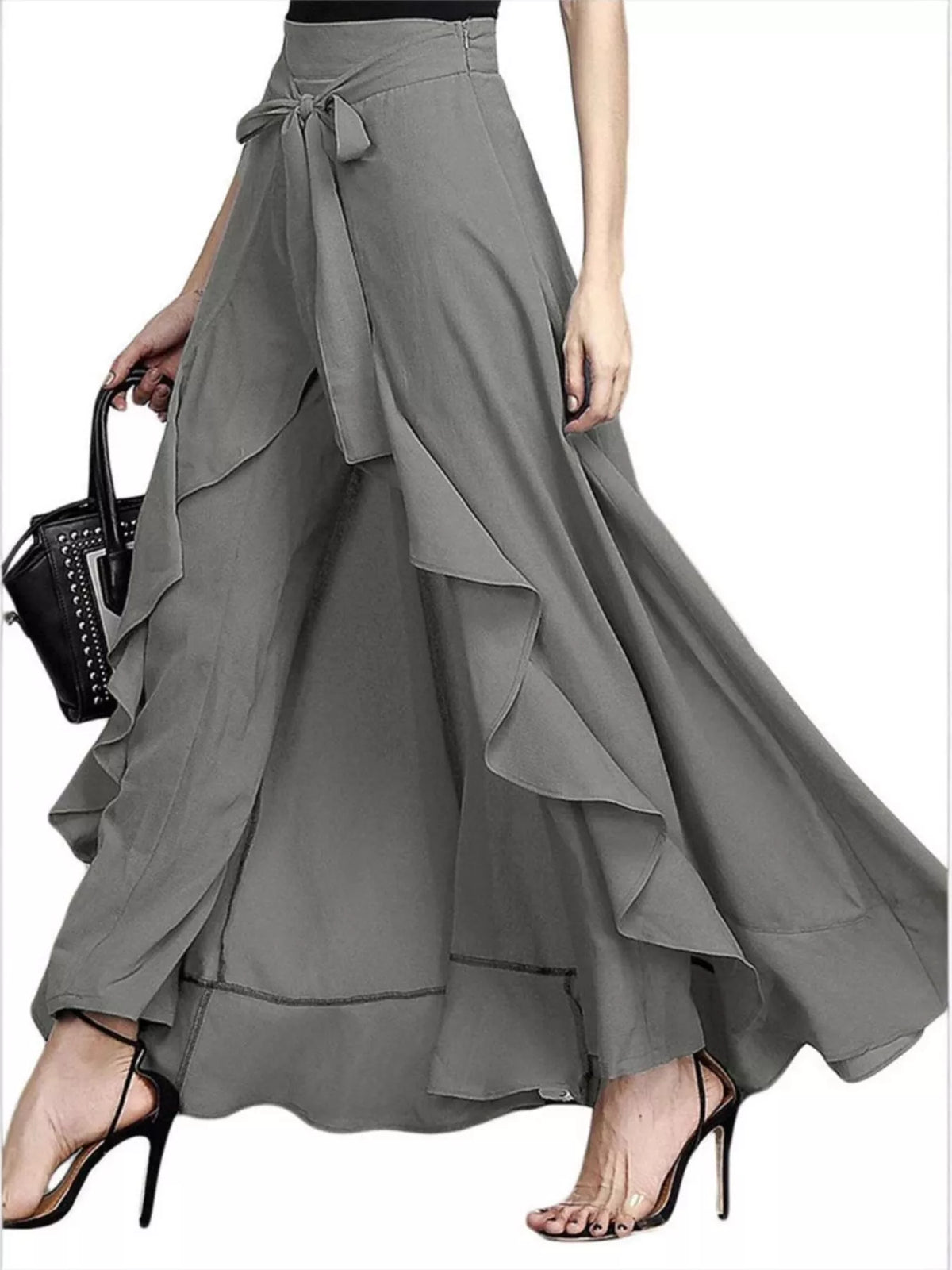 High-waisted tie-front ruffled wide-leg pants, Gray