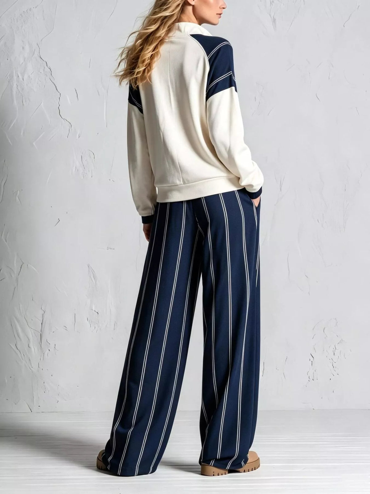 Quarter-zip and striped pants set