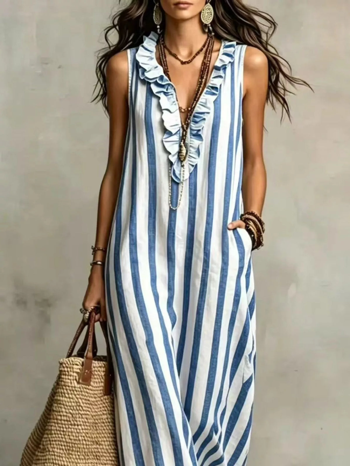 Sleeveless striped ruffle V-neck maxi dress