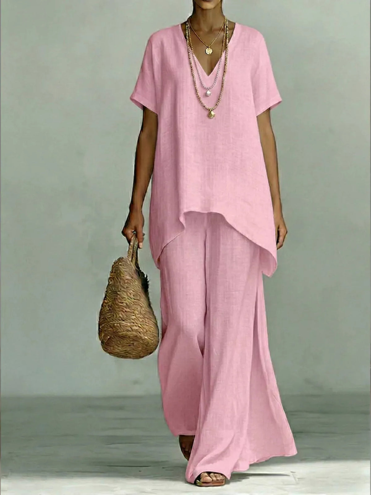 V-neck wide-leg pants set – pink