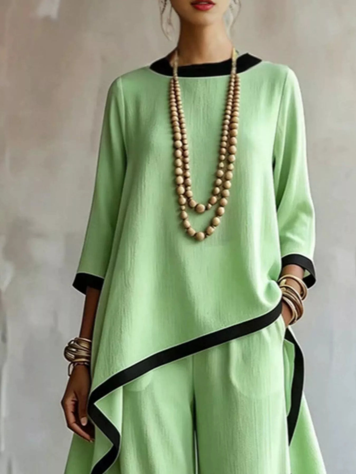 Contrast trim high-low top and pants set