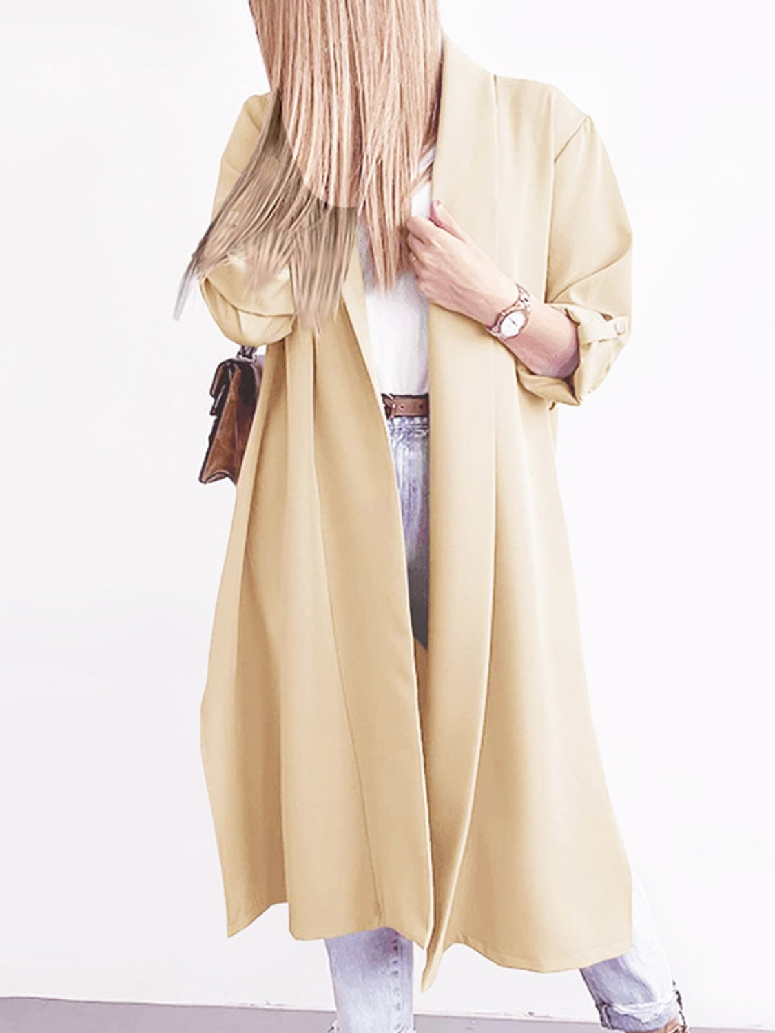 Slit open front roll-tab sleeve trench coat
