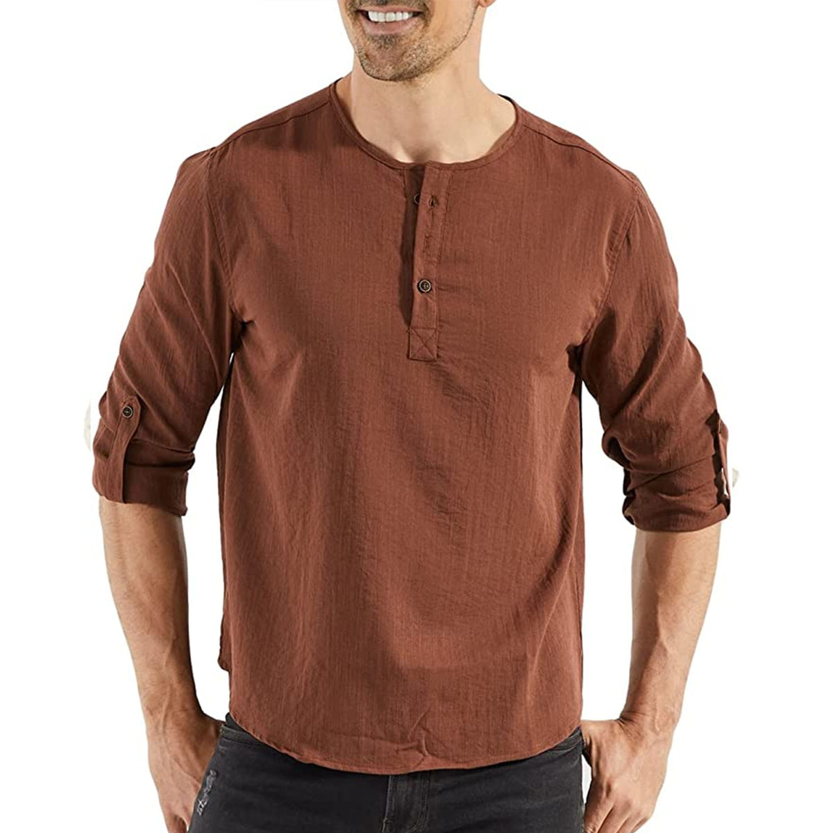 Cotton henley shirt, Brown, front