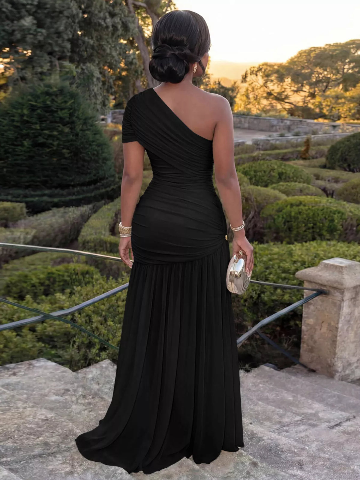 One-shoulder ruched evening dress