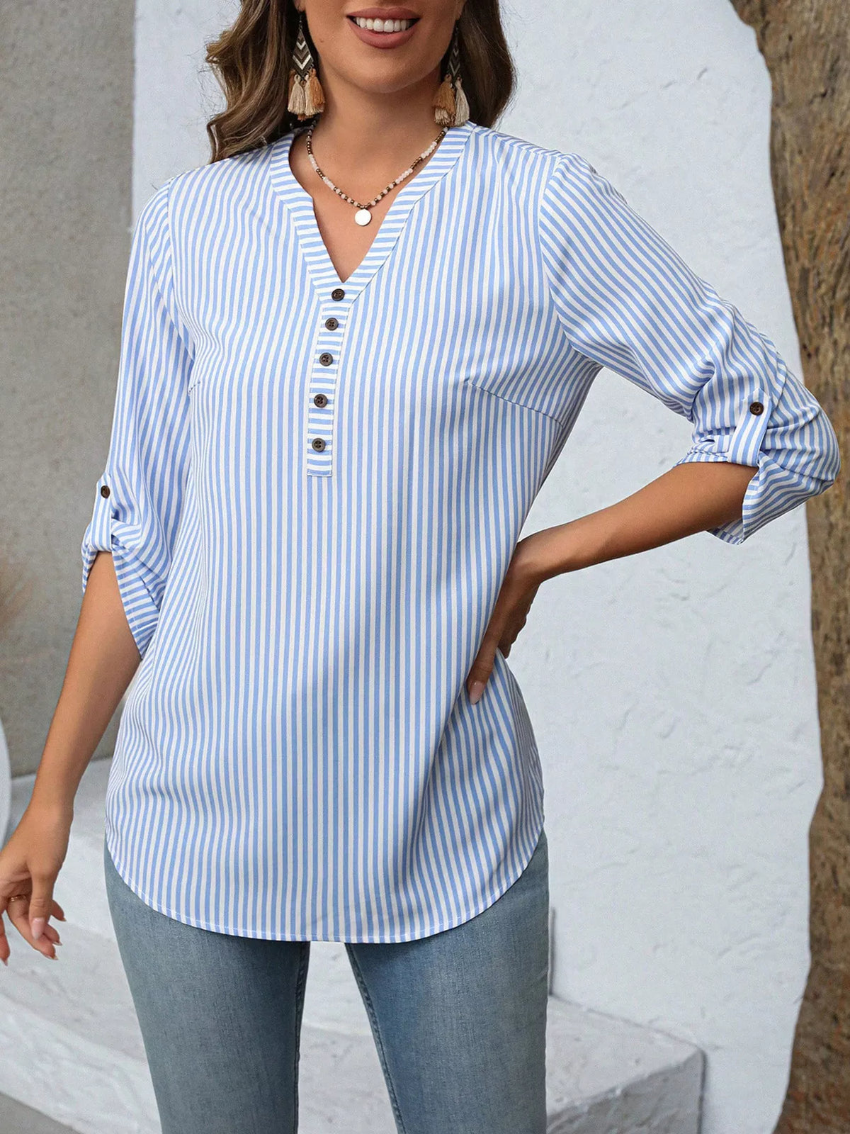 Striped roll-sleeve blouse