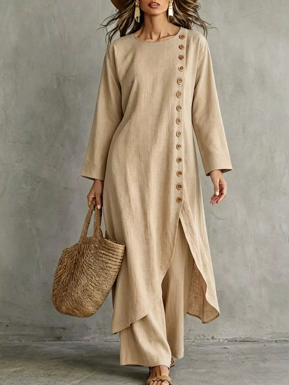 Side button tunic and trouser set, Khaki, front