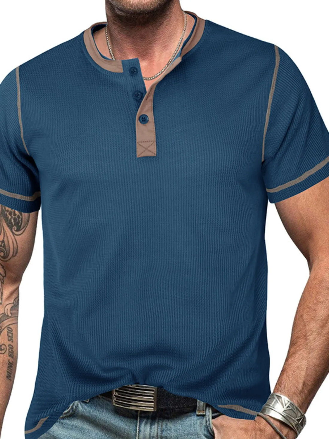 Contrast stitch henley polo shirt, Peacock  Blue