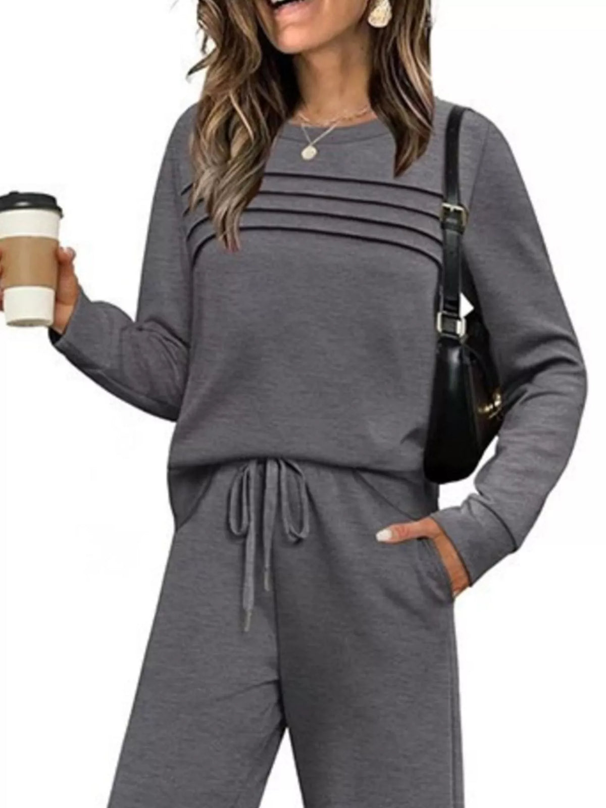 Long sleeve round neck top and pants set