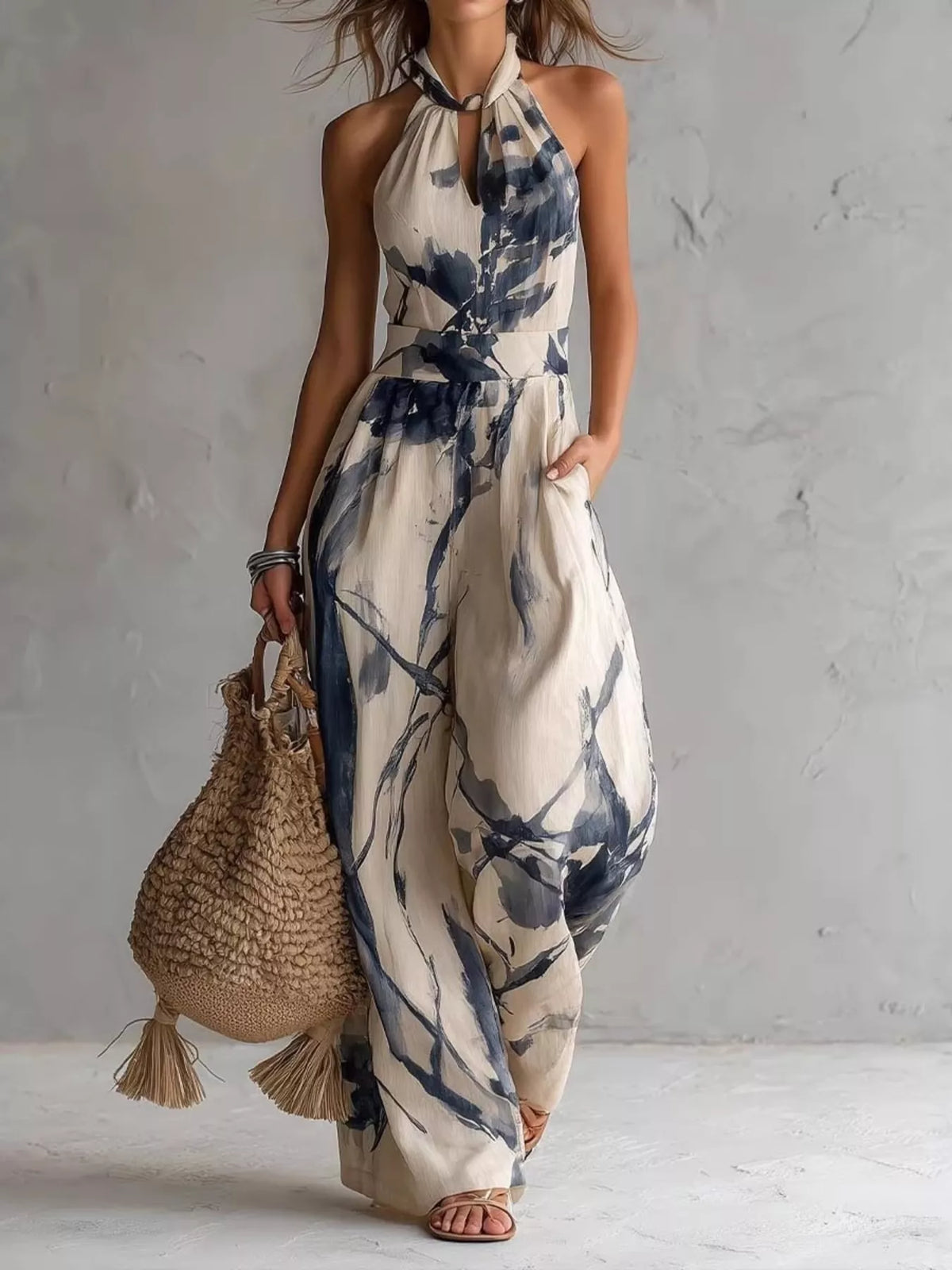 Ink-wash halter jumpsuit – navy